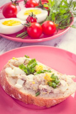 Vintage Fotoğraf, huysuz baget ev yapımı hamur uskumru veya ton balığı, yumurta, domates, turp ile dilim