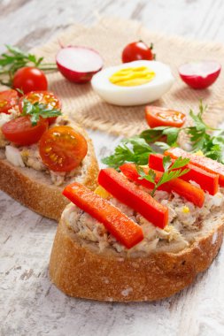 Kaşarlı sandviç ya da baget uskumru veya ton balığı ile closeup yapıştırın, sağlıklı beslenme