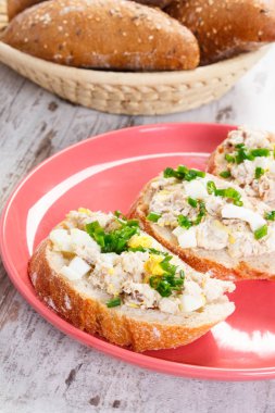 Arka planda huysuz baget ile ev yapımı uskumru veya ton balığı Yapıştır ve taze dilim rulo