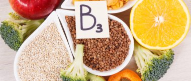 Kaynak olarak besleyici gıda B3 vitamini, beslenme lifleri ve doğal mineraller, sağlıklı yaşam biçimleri kavramı