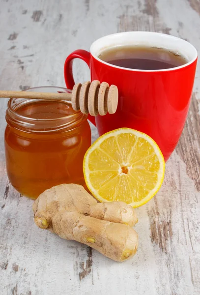 Fresh Lemon Honey Glass Jar Ginger Cup Hot Tea Old — Stock Photo, Image