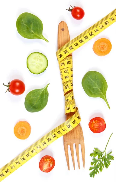 Wooden Fork Wrapped Tape Measure Fresh Ripe Vegetables White Background — Stock Photo, Image