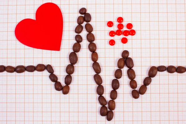 Электрокардиограмма Линия Жареного Кофе Зерна Красное Сердце Добавки Таблетки Графике — стоковое фото