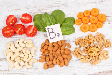 Sağlıklı ürünler ve malzemeler kaynak olarak B7 vitamini, beslenme lifleri ve doğal mineraller, besleyici yeme kavramı