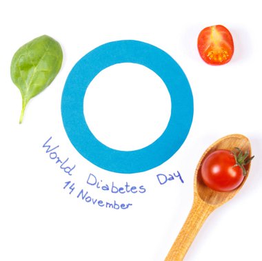 Sebze ve yazıt Dünya Diyabet günü, sağlıklı beslenme sırasında hastalık kavramı ile mavi daire