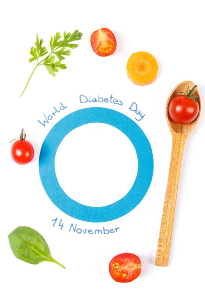 Φρέσκα Λαχανικά Και Μπλε Κύκλο Σύμβολο Της Παγκόσμιας Ημέρας Διαβήτη — Φωτογραφία Αρχείου