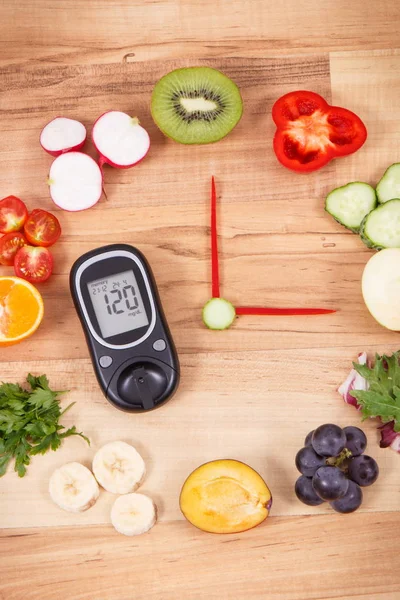 Glucose meter with result of sugar level and clock made of fruits with vegetables, concept of healthy lifestyle of diabetics