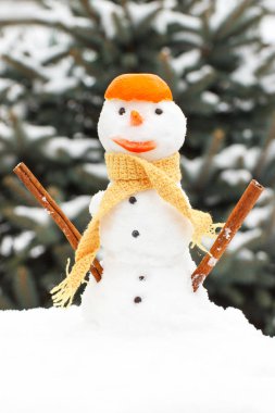 Kardan adam kafasına, arka plan iğne yapraklı ağaç kaplı kar, mandalina kabuğu ile sarılmış yün, İpek eşarp kış sezonu dekore edilmiştir.