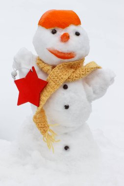 Kardan adam kafasına, arka plan beyaz kar, mandalina kabuğu ile sarılmış yün, İpek eşarp kış sezonu dekore edilmiştir.