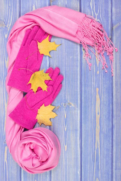 Κορνίζα Ροζ Μάλλινα Γάντια Και Σάλι Για Γυναίκα Ζεστά Ρούχα — Φωτογραφία Αρχείου