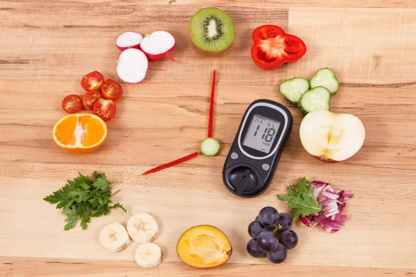 Glükométer Clock Készült Érett Gyümölcsök Zöldségek Egészséges Reggeli Cukorbetegeknek Fogalmának — Stock Fotó