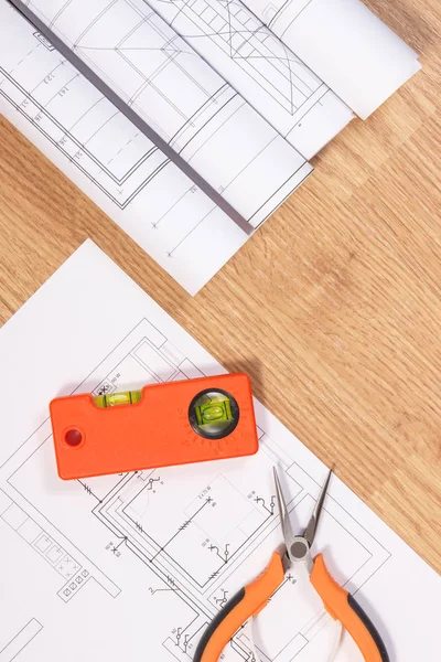 Διαγράμματα Σχέδια Για Την Κατασκευή Ηλεκτρικών Και Πορτοκαλί Εργαλεία Εξαρτήματα — Φωτογραφία Αρχείου