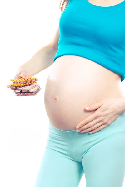 Vrouw Zwangere Bedrijf Stapel Van Medische Pillen Tabletten Supplementen Concept — Stockfoto