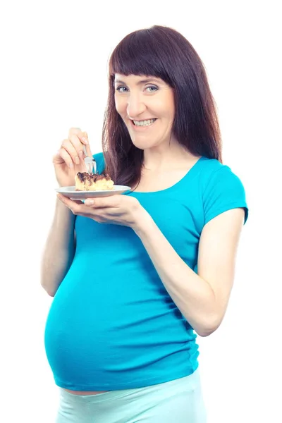 Mulher Grávida Comendo Pedaço Fresco Cheesecake Conceito Nutrição Durante Gravidez — Fotografia de Stock