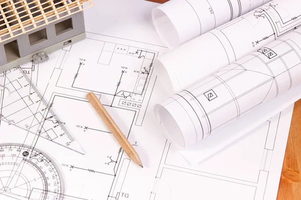 Electrical diagrams, accessories for use in engineer jobs and house under construction, concept of building home