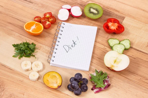 Word Diet Notepad Fresh Ripe Fruits Vegetables Healthy Nutritious Eating — Stock Photo, Image