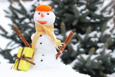 İğne yapraklı ağaç arka plan üzerinde Noel ya da Sevgililer günü için hediye ile dekore edilmiş kardan adam kar kaplı