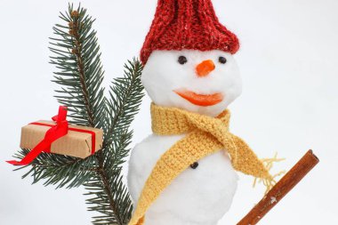 Eşarp ve kap çam dalları ve Noel için hediye ile dekore edilmiş kardan adam