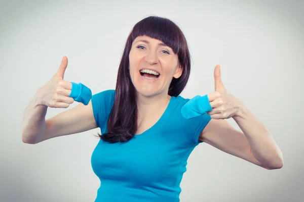 Happy Woman Baby Gloves Showing Thumbs Concept Extending Family Expecting — Stock Photo, Image