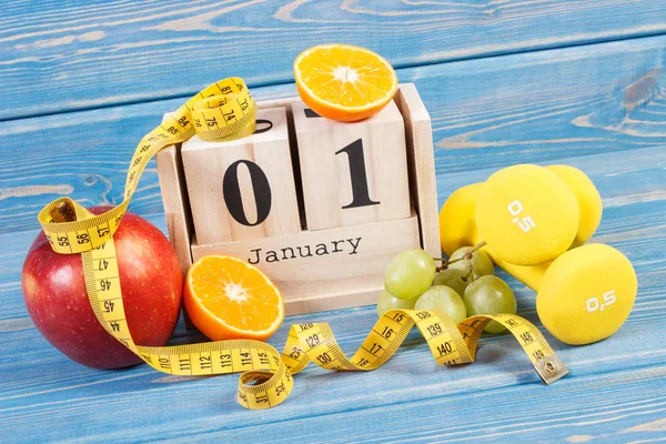 Enero Calendario Cubos Frutas Frescas Mancuernas Cinta Métrica Resoluciones Año — Foto de Stock