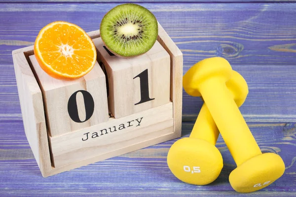 Janeiro Calendário Cubo Frutas Frescas Halteres Aptidão Resoluções Anos Novos — Fotografia de Stock