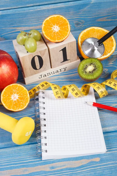 Resoluciones Año Nuevo Estilo Vida Saludable Nutrición Con Calendario Cubos — Foto de Stock