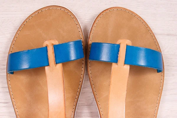 Pair Womanly Leather Sandals White Board Concept Shoes Using Holiday — Stock Photo, Image