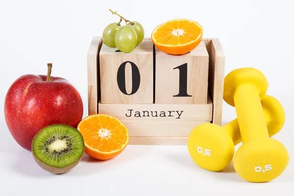 Date Janvier Sur Calendrier Cube Fruits Frais Haltères Pour Forme — Photo