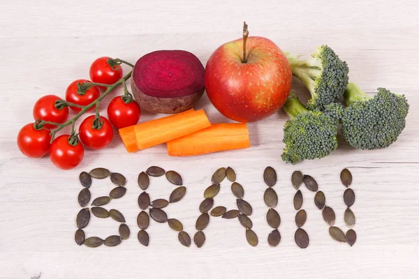 Inscription brain and healthy food for power and good memory, nutritious eating containing natural minerals