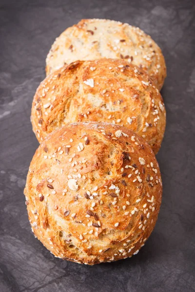 Fresh Baked Homemade Wholegrain Rolls Seeds Dark Background — Stock Photo, Image