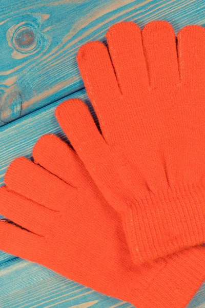 Red Gloves Woman Made Cotton Wool Blue Boards Warm Clothing — Stock Photo, Image