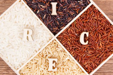 Beyaz, kahverengi, siyah ve kırmızı pilav. Kırsal tahtada yazılı. Sağlıklı, glütensiz yiyecek ve beslenme kavramı.