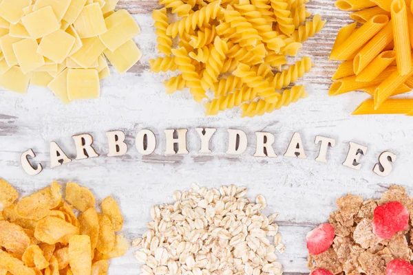 Inscriptie Koolhydraten Met Producten Ingrediënten Als Bron Mineralen Voedingsvezels Gezonde — Stockfoto