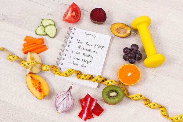 Φυσικά Φρούτα Και Λαχανικά Αλτήρα Για Fitness Μετροταινία Και Νέο — Φωτογραφία Αρχείου