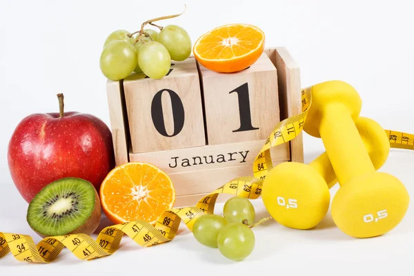 Enero Calendario Cubos Frutas Frescas Maduras Pesas Cinta Métrica Resoluciones — Foto de Stock