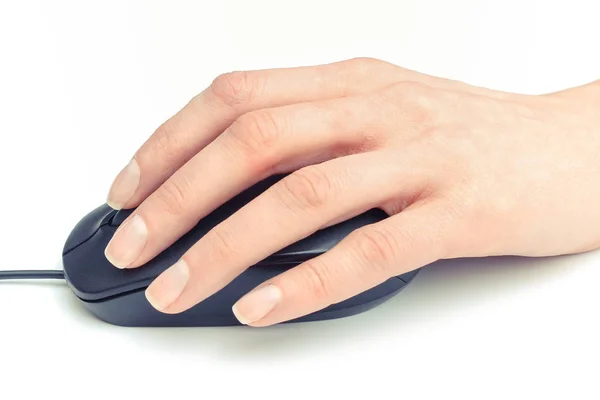 Hand Woman Black Computer Mouse White Background — Stock Photo, Image