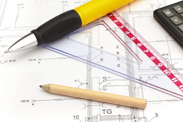 Drawing Accessories Calculator Electrical Construction Drawing House Building Home Cost — Stock Photo, Image