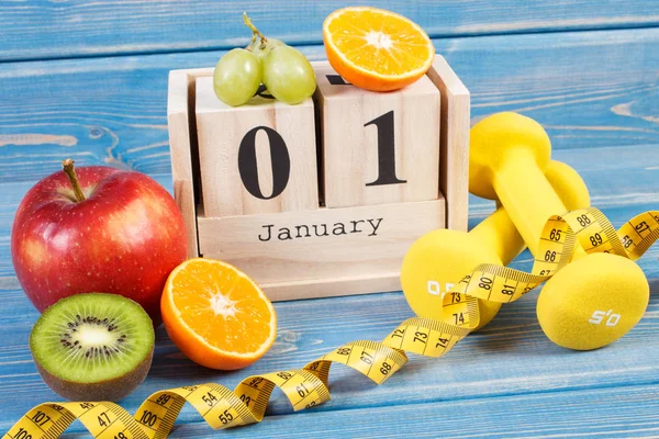 January Cube Calendar Fresh Fruits Dumbbells Tape Measure New Years — Stock Photo, Image