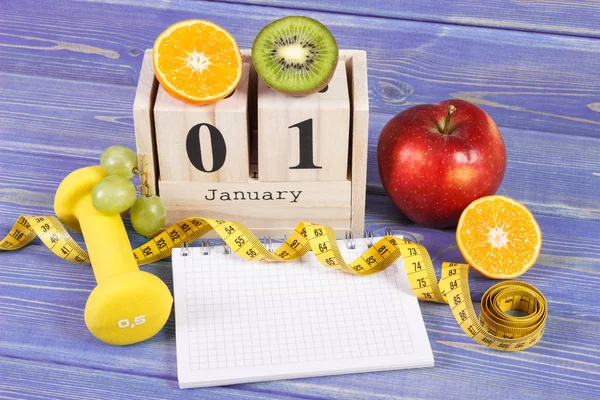 January Cube Calendar Fresh Fruits Dumbbells Tape Measure New Years — Stock Photo, Image