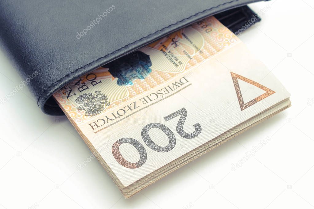 Polish currency money in wallet on white background, finance concept