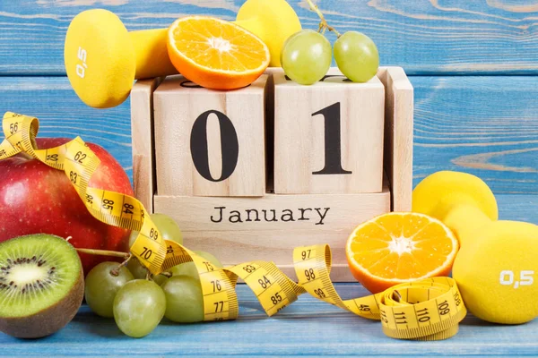 Enero Calendario Cubos Frutas Frescas Mancuernas Cinta Métrica Resoluciones Año — Foto de Stock