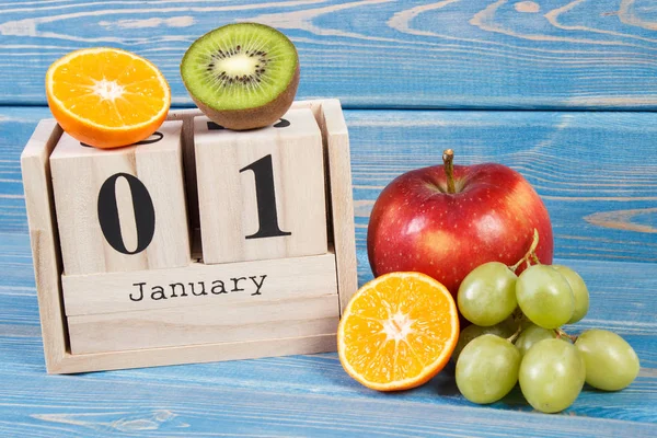 Janvier Sur Calendrier Cube Fruits Frais Résolutions Nouvelles Années Nourriture — Photo