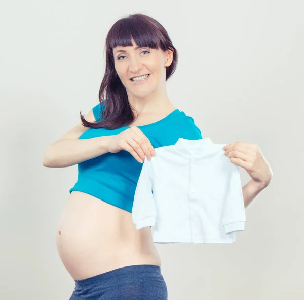 Donna Felice Sorridente Abbigliamento Tenuta Incinta Bambino Concetto Estendere Famiglia — Foto Stock