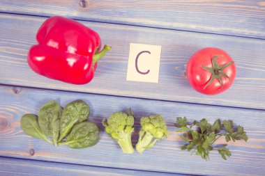 Vintage Fotoğraf, C vitamini ve lif, sağlıklı gıda kavramı içeren ve bağışıklık güçlendirme sebze