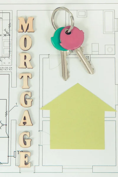 Inscription Mortgage Keys Home Shape Electrical Construction Drawing Concept Buying — Stock Photo, Image