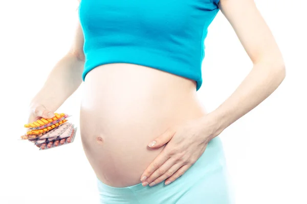 Zwangere Vrouw Met Medische Pillen Tabletten Aanvullingen Concept Van Het — Stockfoto