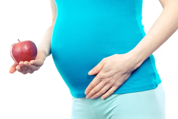 Mujer Embarazada Sosteniendo Manzana Fresca Madura Alimentos Saludables Nutrición Durante — Foto de Stock