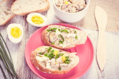 Vintage Fotoğraf, ev yapımı hamur uskumru veya ton balığı, yumurta ve Frenk soğanı huysuz baget