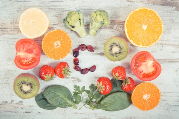 Vintage Photo Fresh Ripe Fruits Vegetables Sources Vitamin Minerals Dietary — Stock Photo, Image