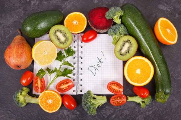 Notepad Fresh Ripe Fruits Vegetables Containing Natural Vitamins Minerals Slimming — Stock Photo, Image
